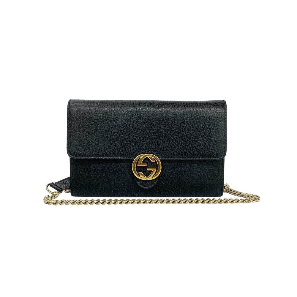 GUCCI Interlocking G Logo Hardware Leather Chain Wallet Mini Shoulder Bag Bla...